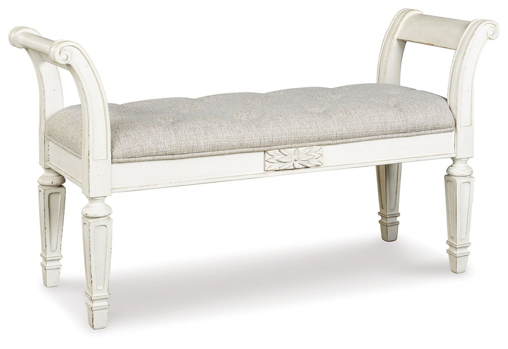 Accent bench with antique white frame and light gray upholstered seat