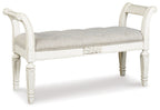 Accent bench with antique white frame and light gray upholstered seat
