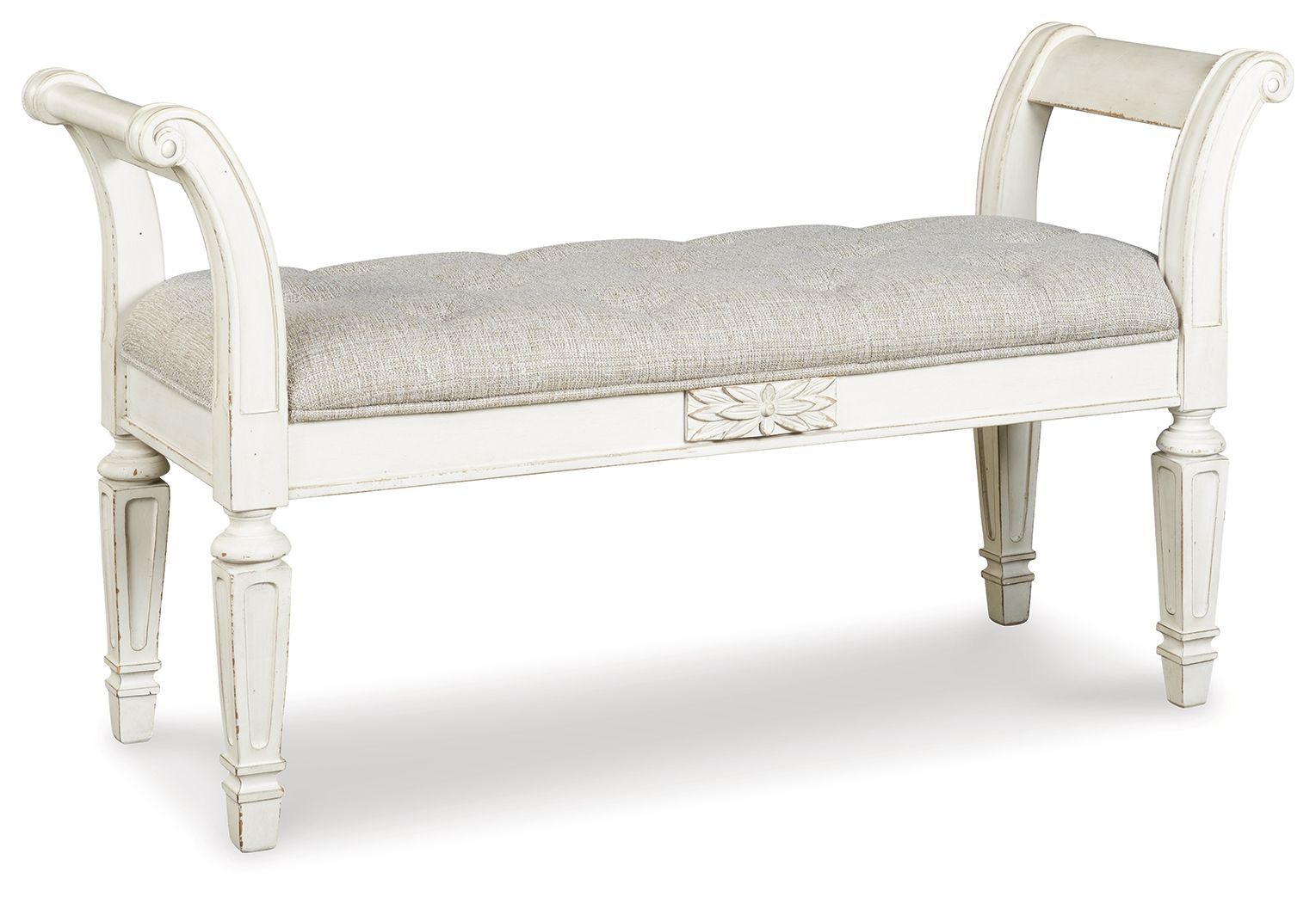 Accent bench with antique white frame and light gray upholstered seat