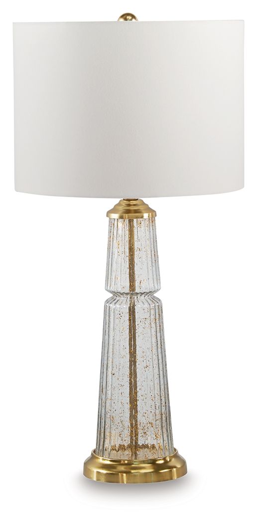 Glass table lamp with white drum shade, clear textured glass body, and gold base trim