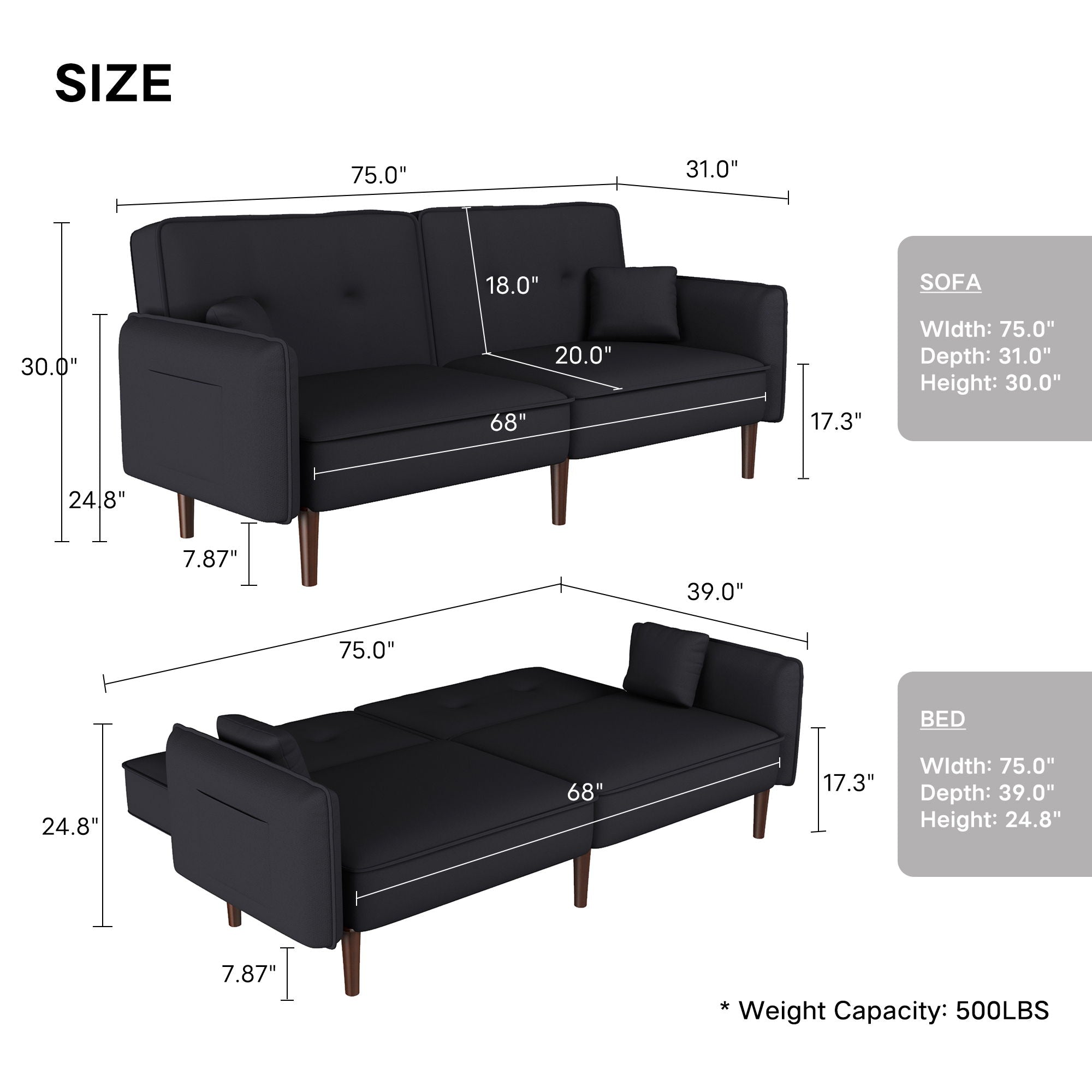Convertible Sofa Bed With Wood Legs In Cotton Linen Fabric (Black)