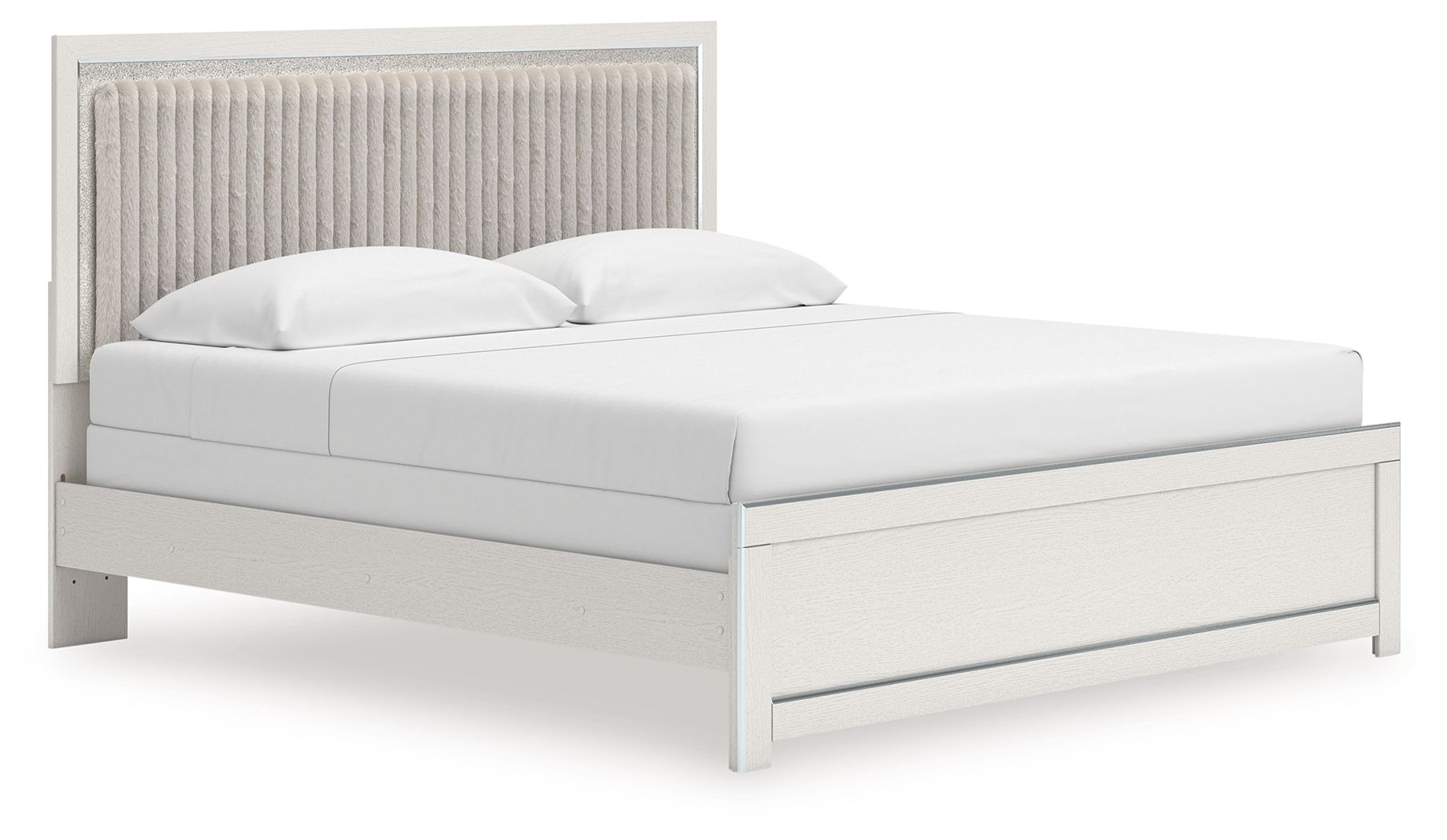 White upholstered panel bed with tall channel-tufted headboard and two white pillows