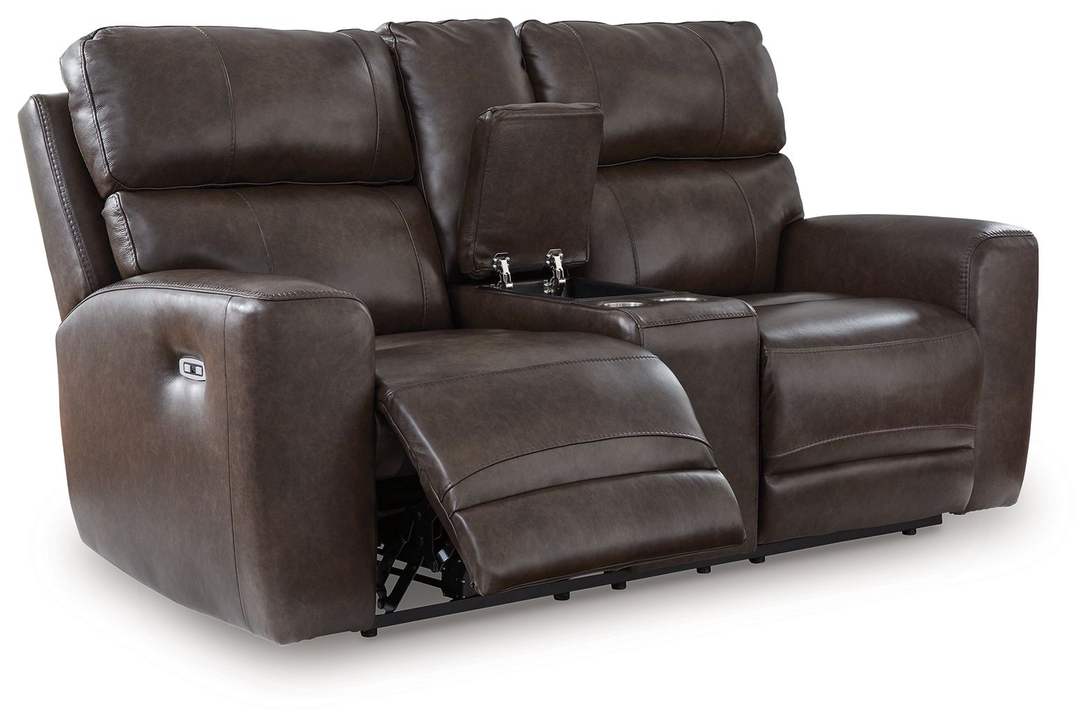 Dark brown power reclining loveseat with console, padded armrests, adjustable headrests