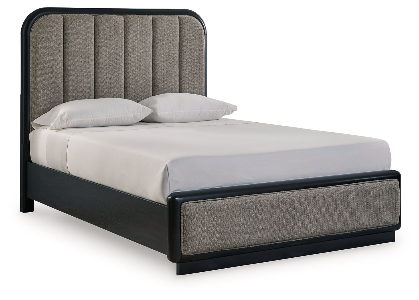 Dark gray upholstered panel bed with padded headboard, base, and light pillows