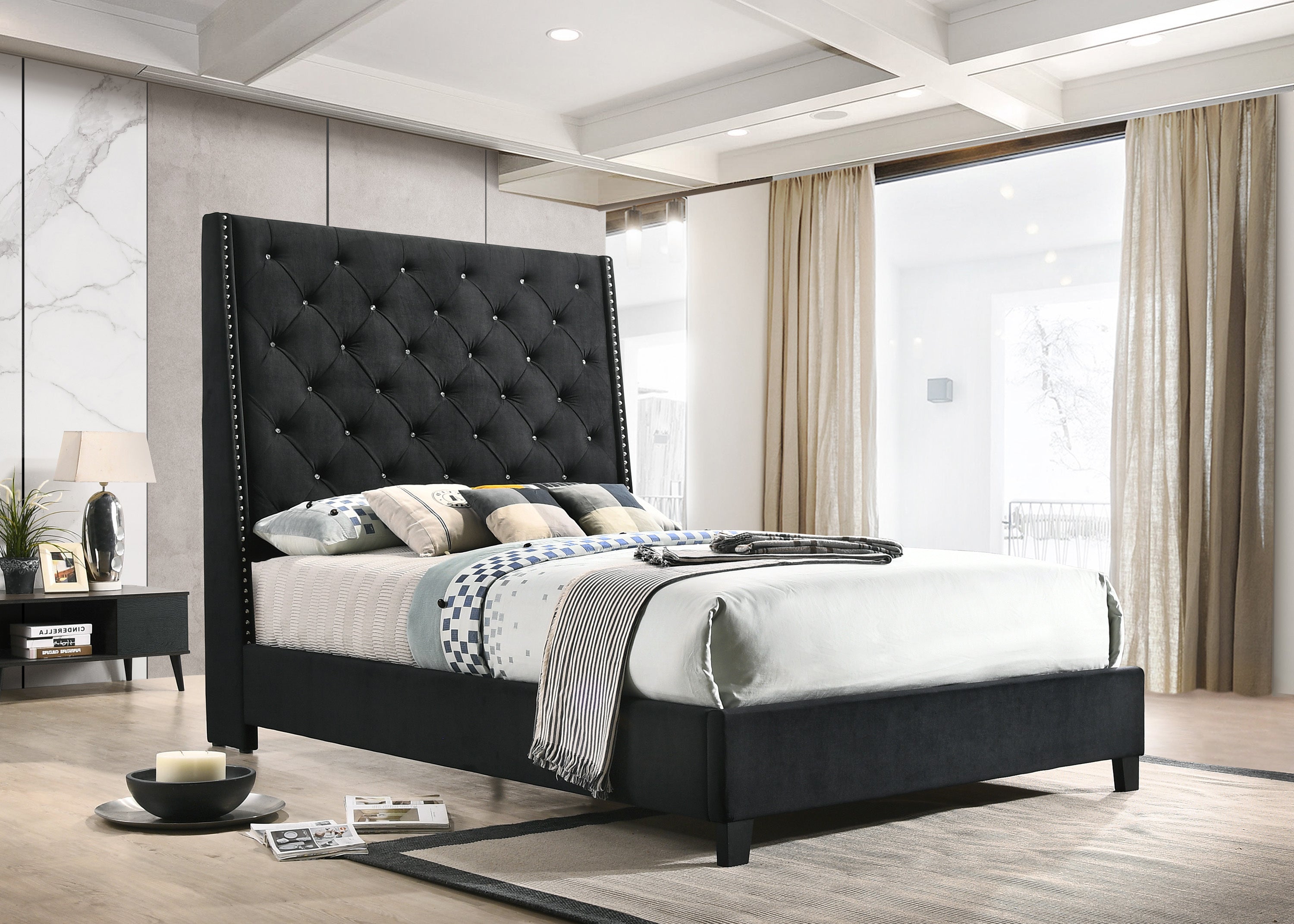 Contemporary Black Queen Upholstered Bed Tufted Nailhead Trim