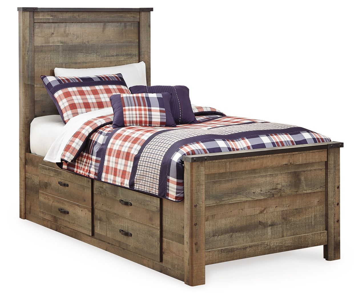Panel bed with side drawers and navy, red, and white plaid bedding with pillows