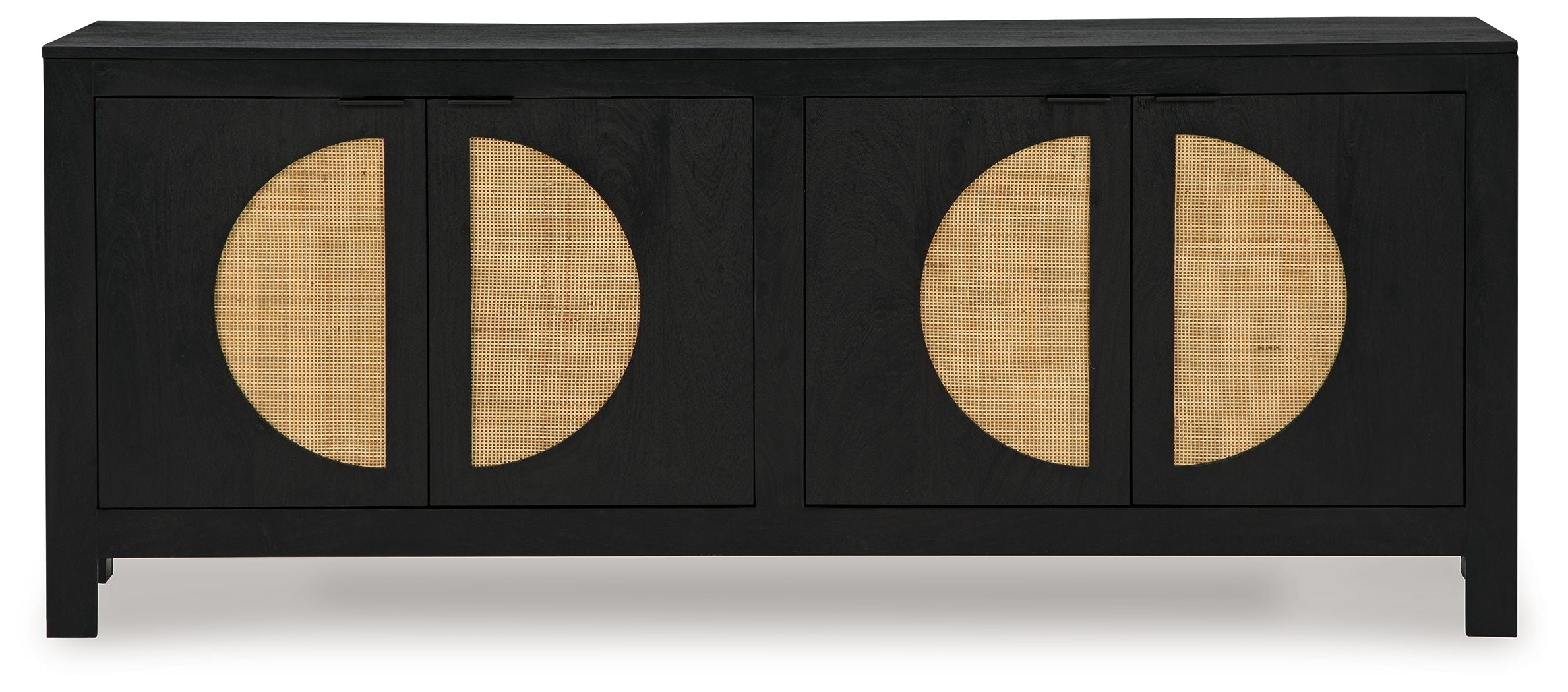 Black accent cabinet with four door panels and two circular natural wood insets