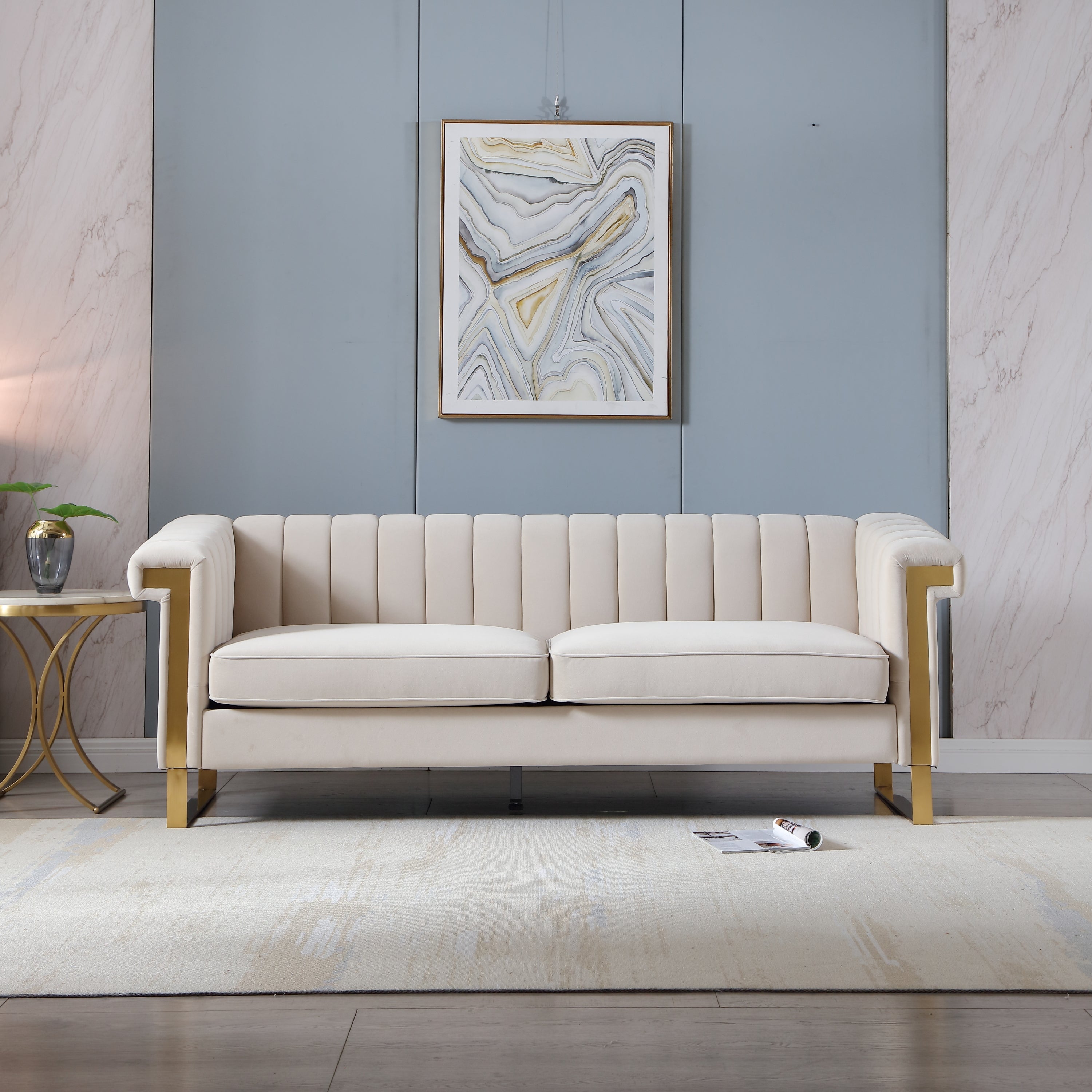 Modern Cream Velvet Sofa, Gold Accents, 3-Seater