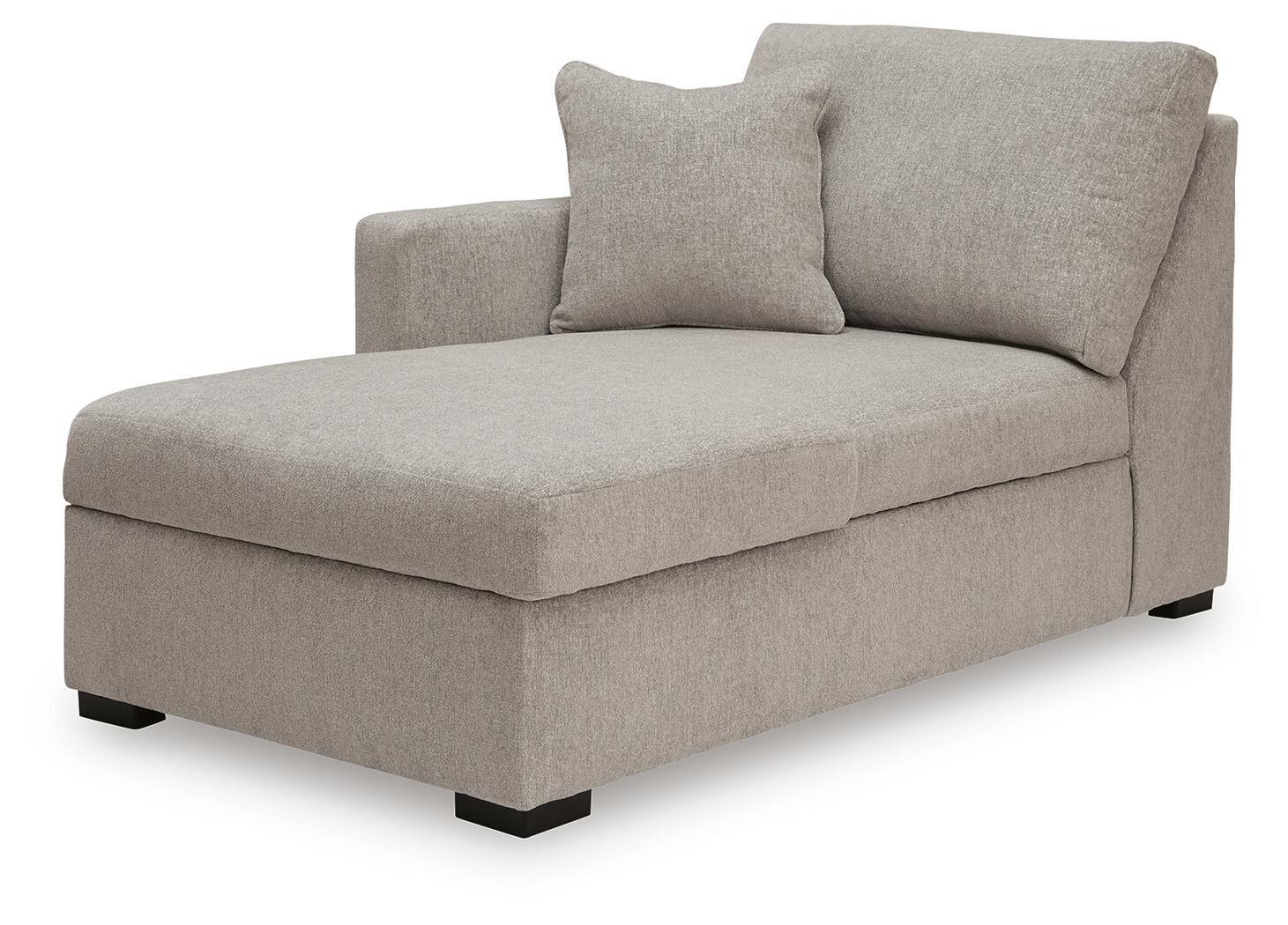 Upholstered left-arm corner chaise in gray fabric, deep seat and back cushions, black legs