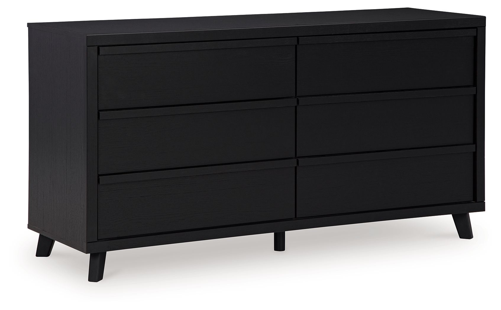 Black six-drawer dresser with six flat-panel drawers and short tapered legs