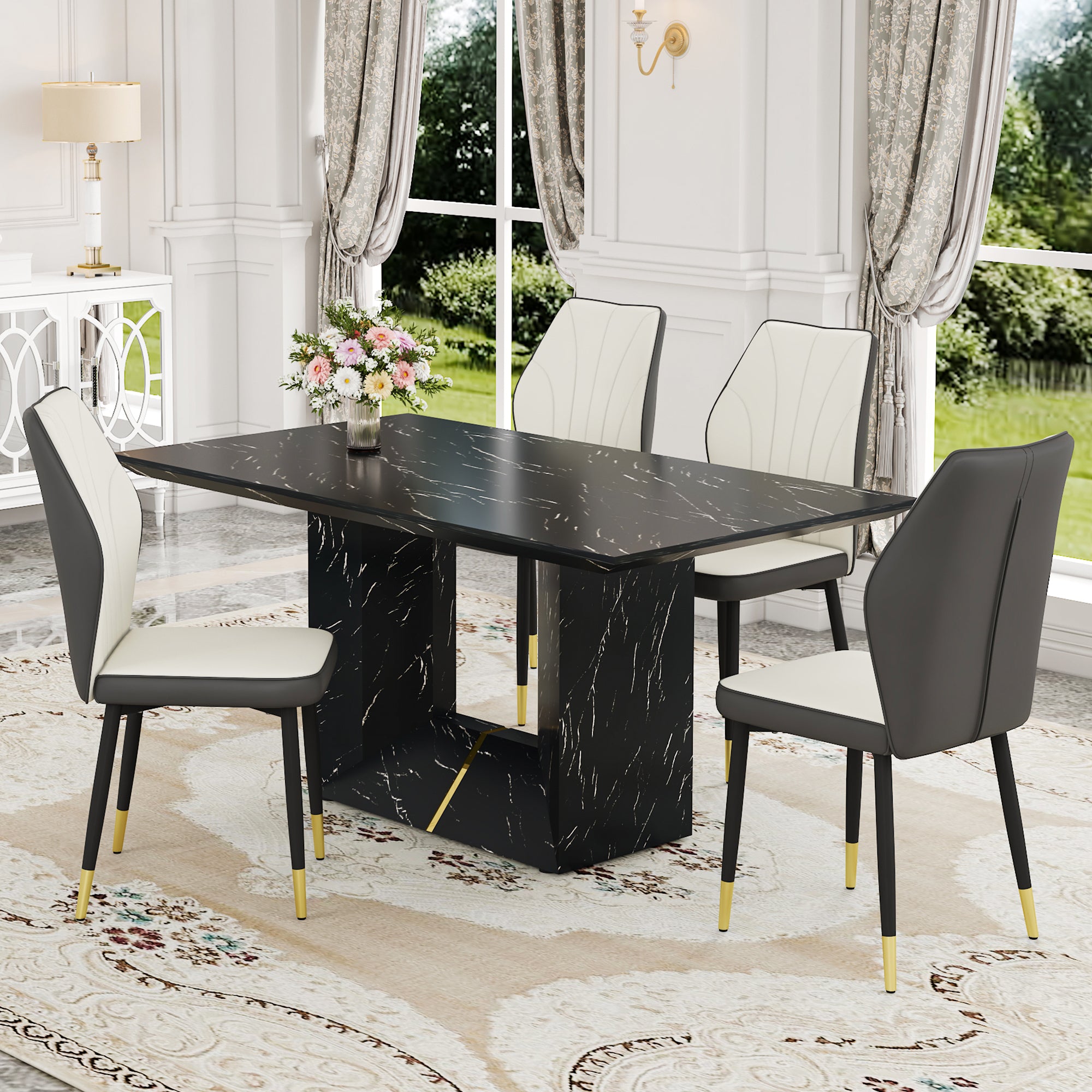 Black Marble Dining Set w/ 4 Chairs