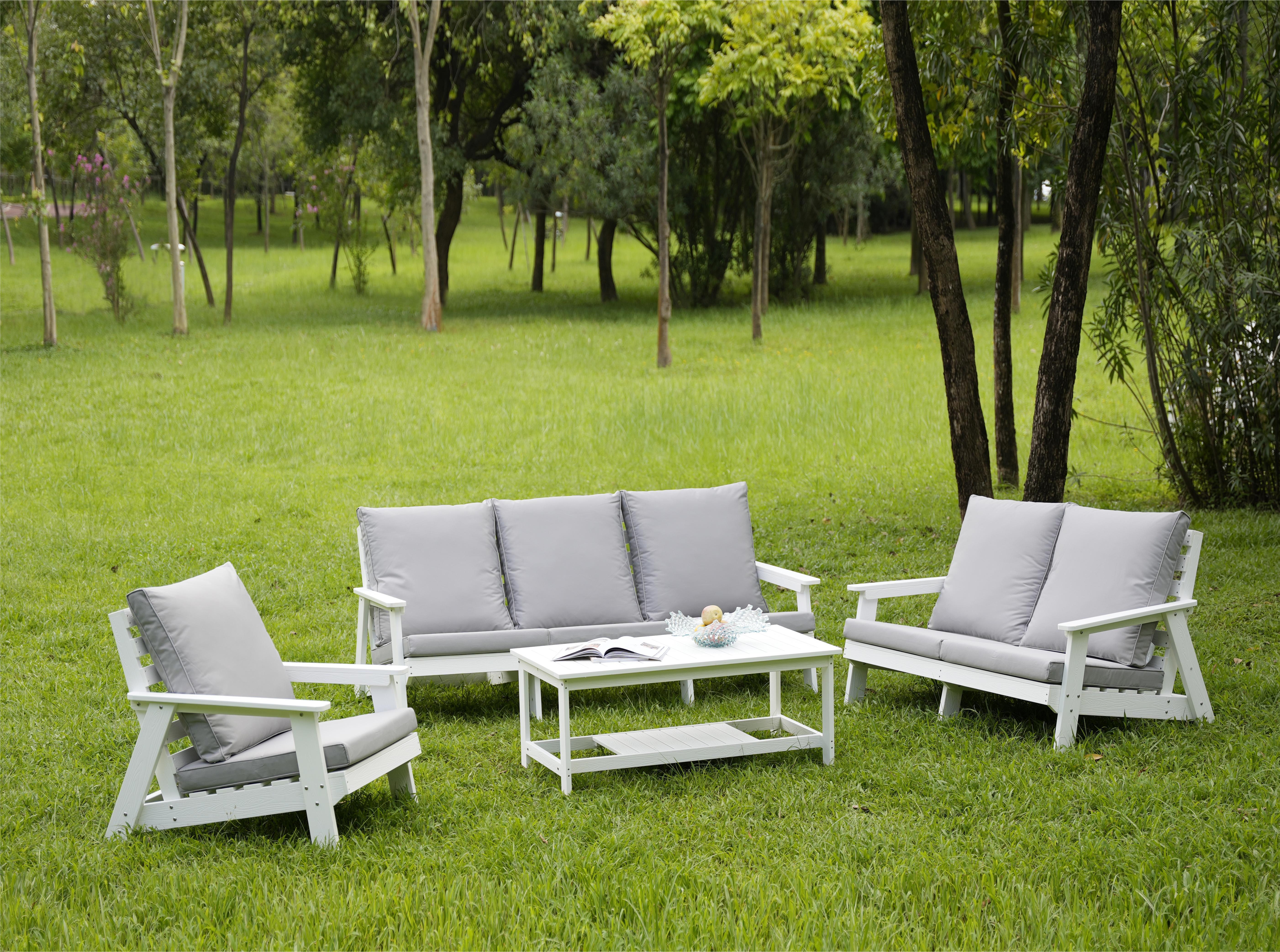 Hips Loveseat With Cushion, Wood Grain Outdoor Garden Sofa, White / Grey