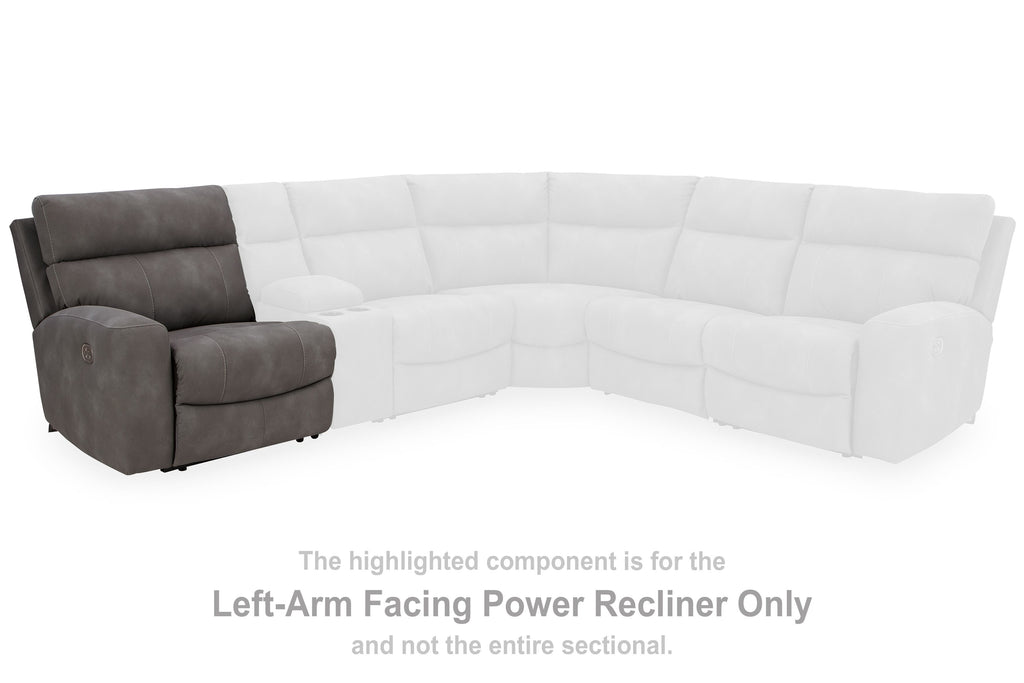 Left-arm facing power recliner section with gray upholstery and chaise-style backrest