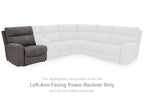 Left-arm facing power recliner section with gray upholstery and chaise-style backrest