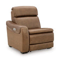 Brown power recliner with padded arms and attached side control pocket