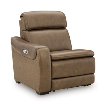 Brown power recliner with padded arms and attached side control pocket