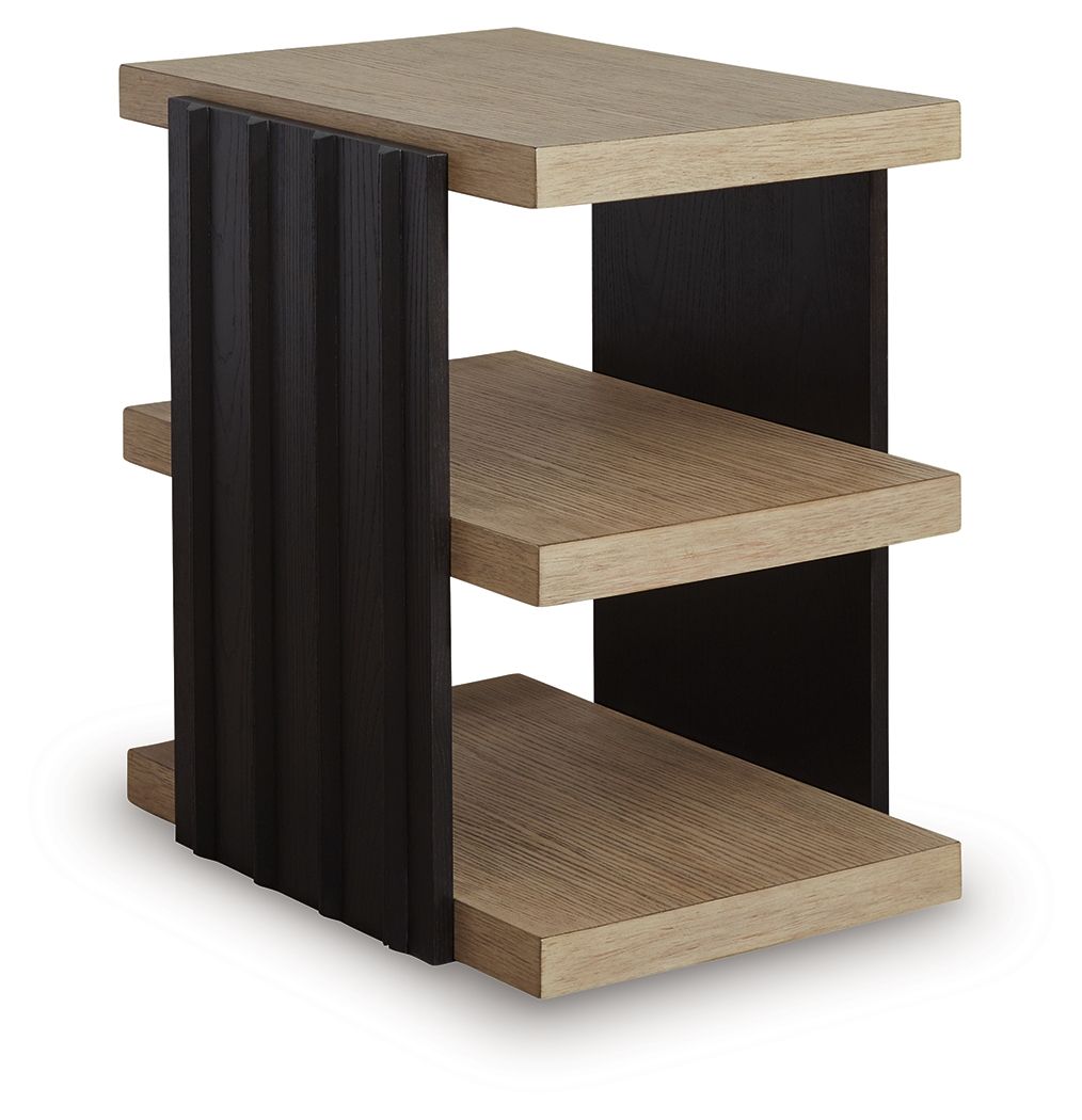 Rectangular end table with black sides and light brown top, middle, and lower shelves