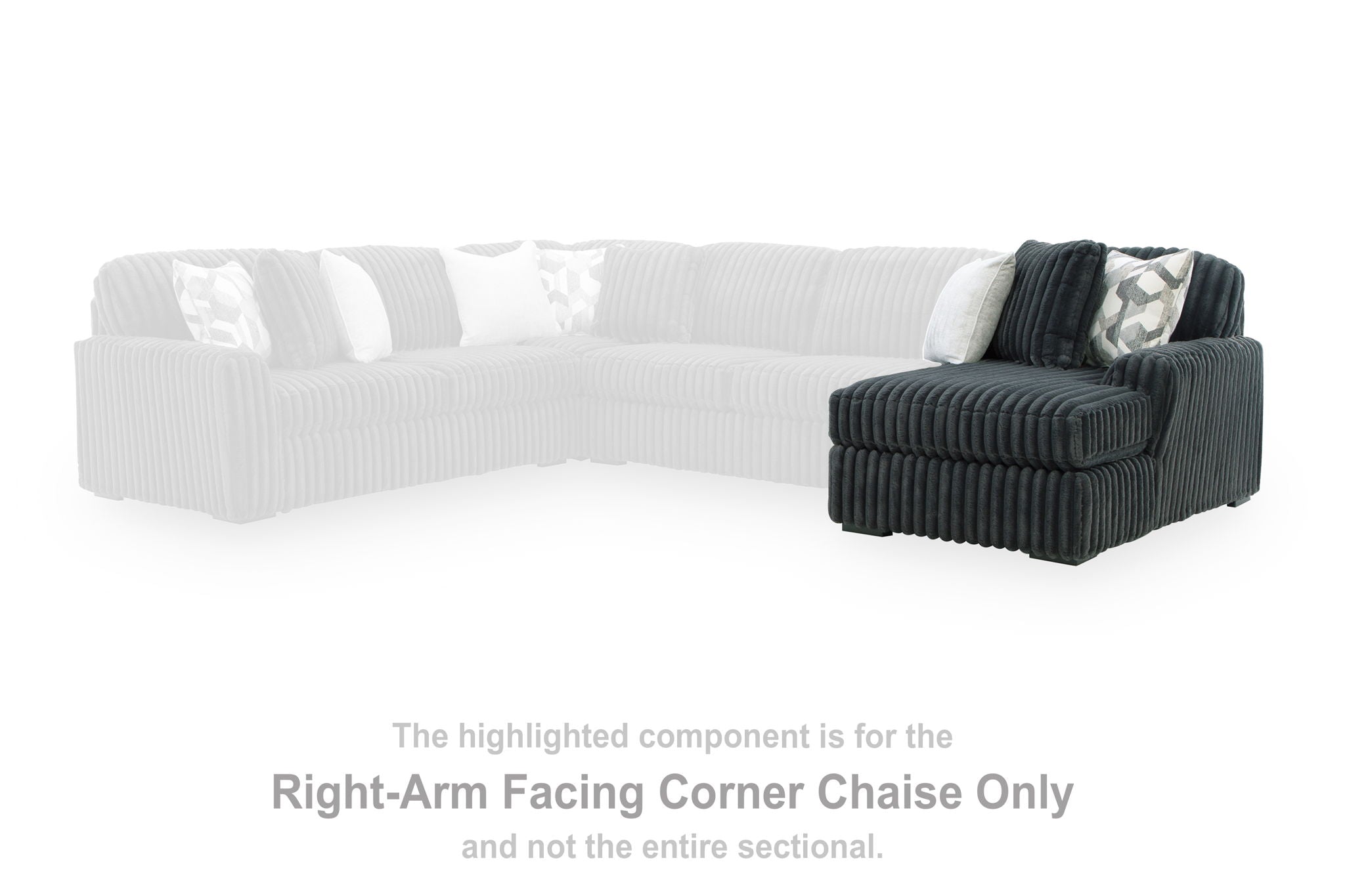 Gunmetal corner chaise sofa with ribbed upholstery and two accent cushions