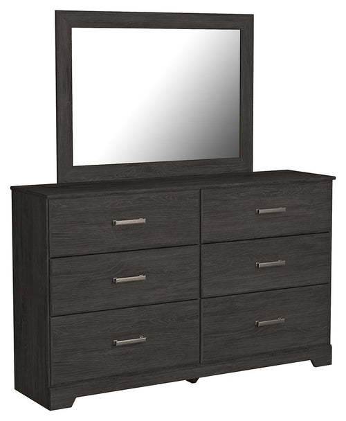 Charcoal dresser with attached mirror and six drawers with metal bar pulls