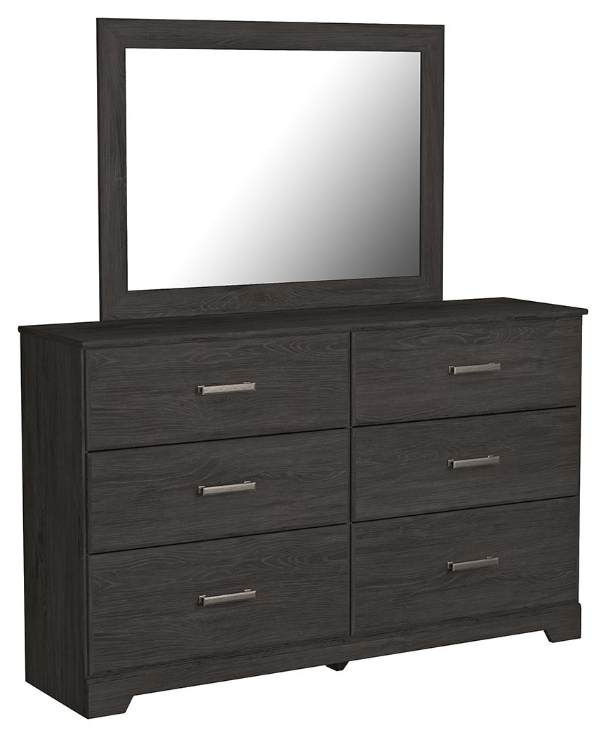Black wood dresser with large framed mirror and six drawers