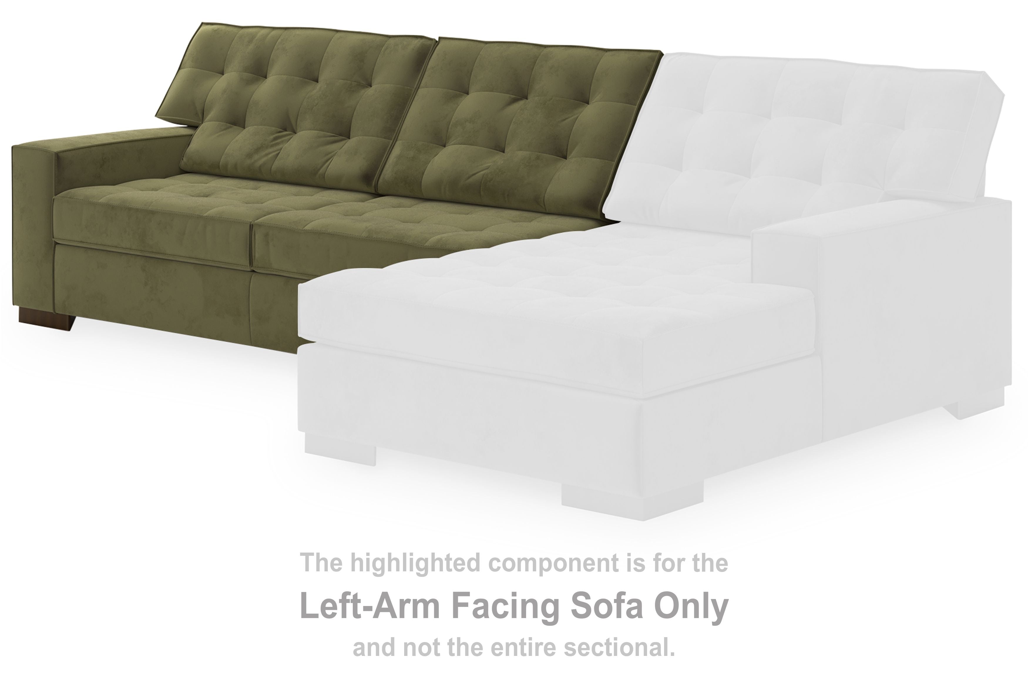 Olive upholstered sectional sofa with tufted seat cushions and backrest pillows