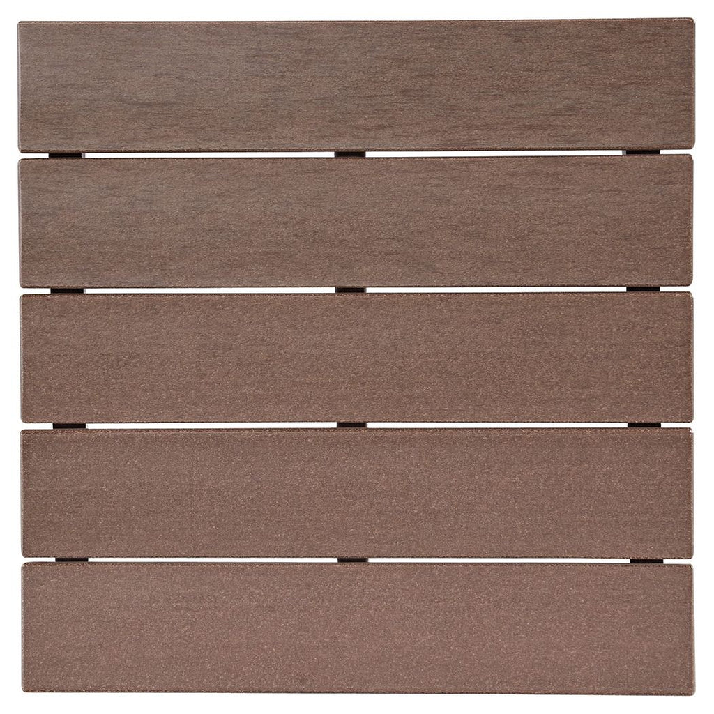 Brown slatted tabletop boards with metal support pieces, close-up view of the top