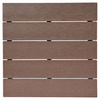 Brown slatted tabletop boards with metal support pieces, close-up view of the top