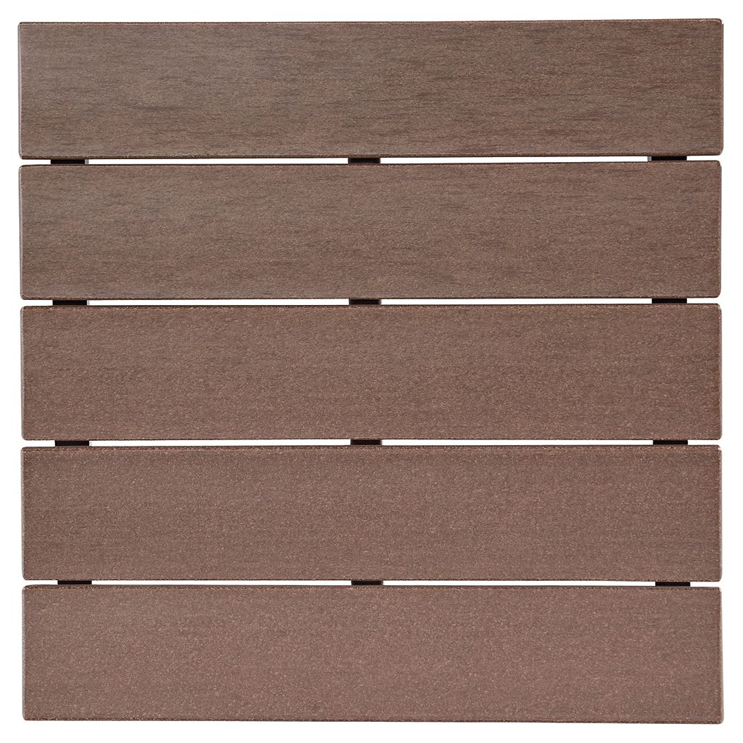 Brown slatted tabletop boards with metal support pieces, close-up view of the top