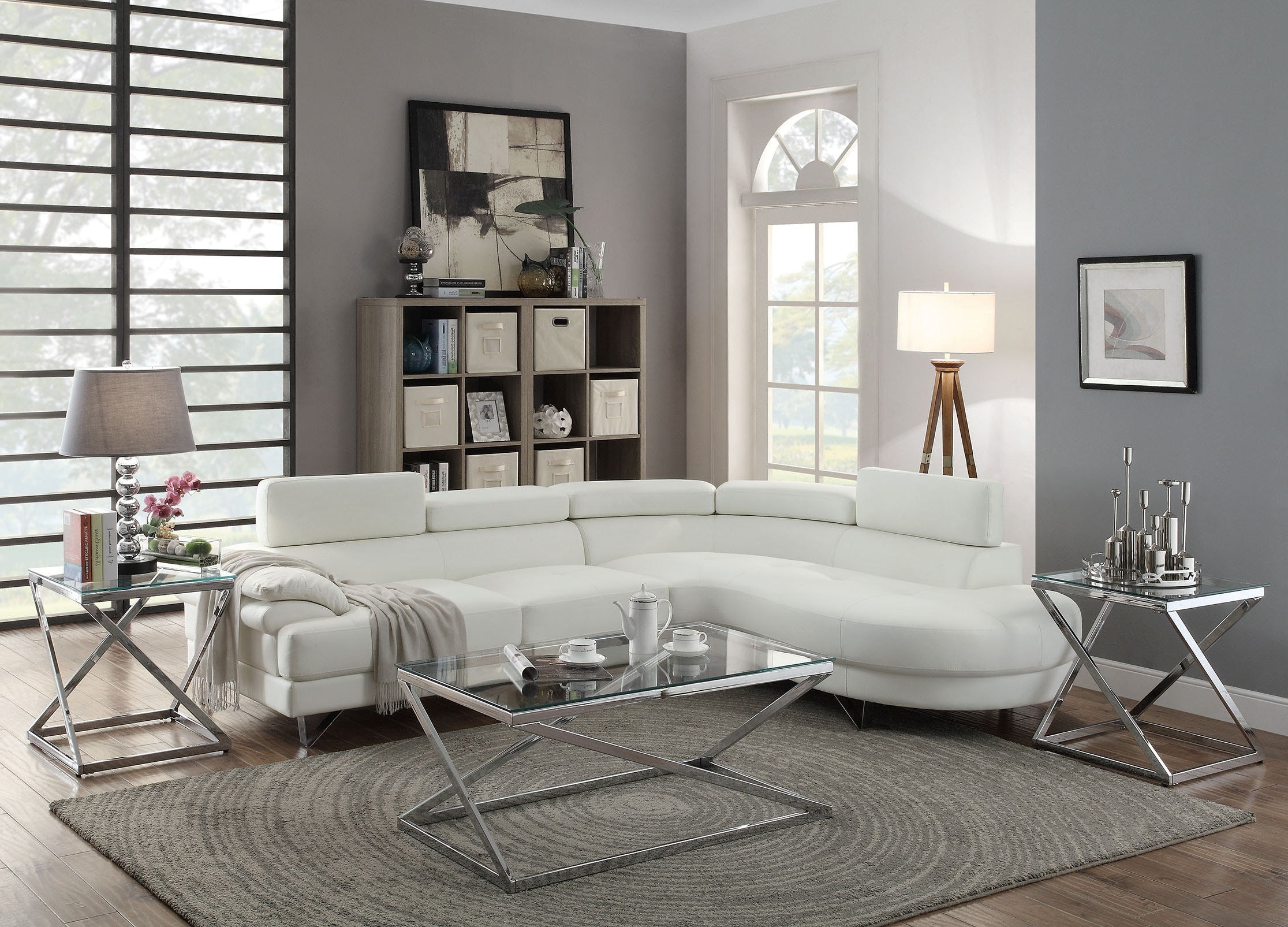 White Faux Leather Sectional Sofa with Chaise