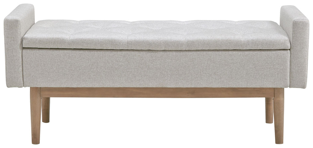 Upholstered storage bench with padded seat and beige fabric, wooden legs