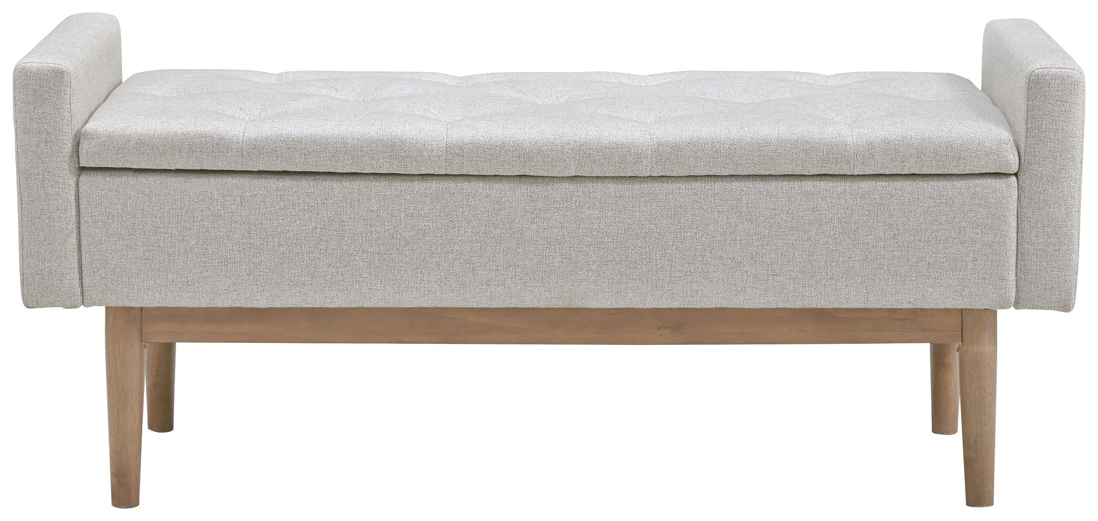 Upholstered storage bench with padded seat and beige fabric, wooden legs