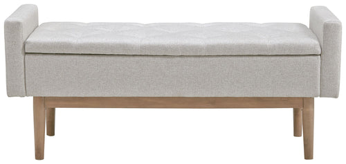 Upholstered storage bench with padded seat and beige fabric, wooden legs