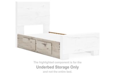 Underbed storage drawer, light natural wood with front panel and handle pulls