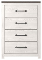 Four-drawer chest front view in white wood with four dark bar pulls.