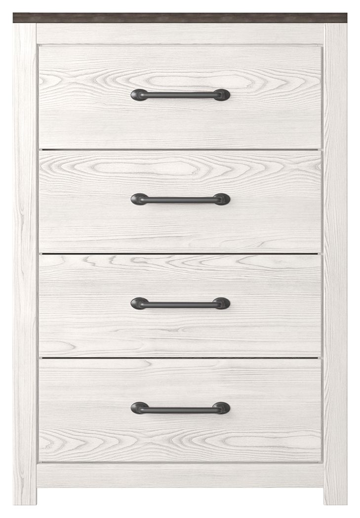 Four-drawer chest front view in white wood with four dark bar pulls.