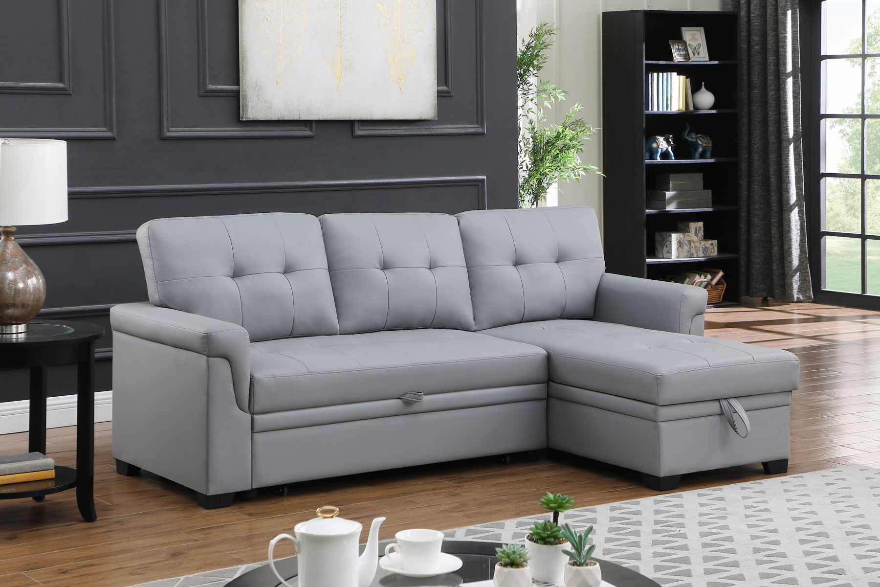 Lexi - Vegan Leather Modern Reversible Sleeper Sectional Sofa With Storage Chaise