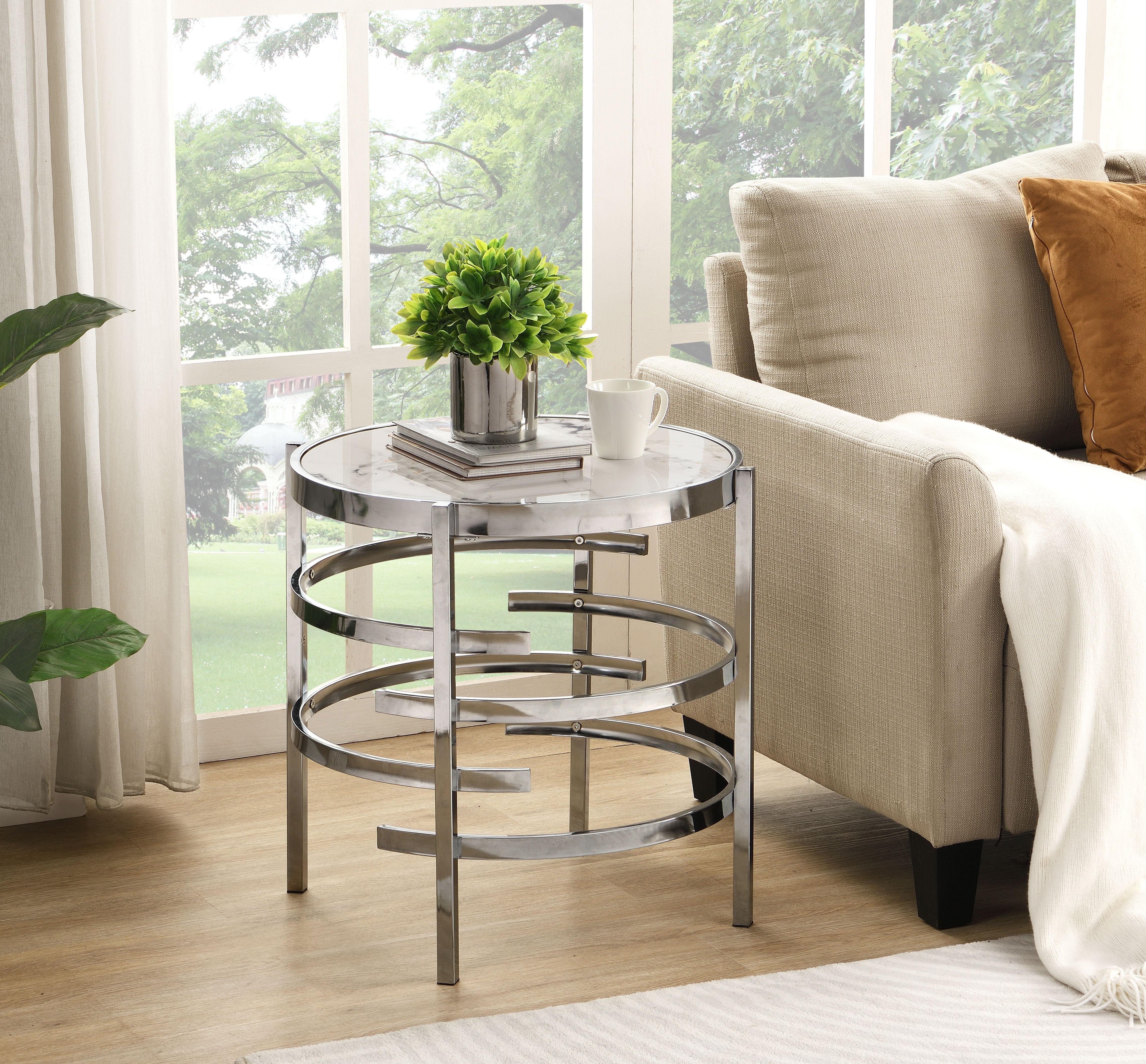 Modern Round End Table With Sintered Stone Top, Chrome/ Silver End Table For Living Room