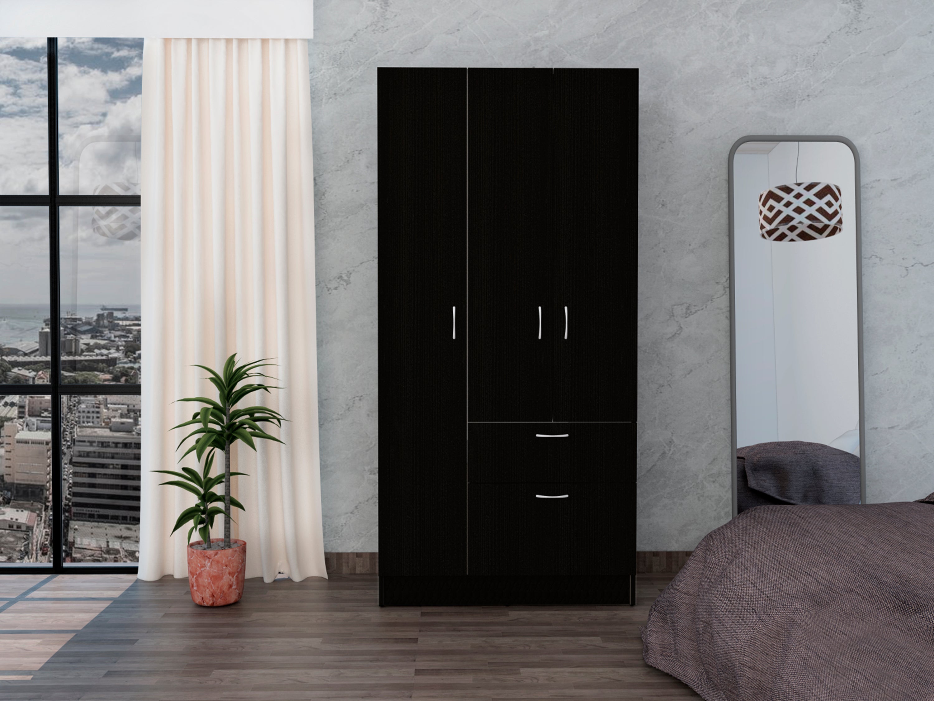 Black/White Double Door Armoire: Drawer, Rod, 5 Shelves