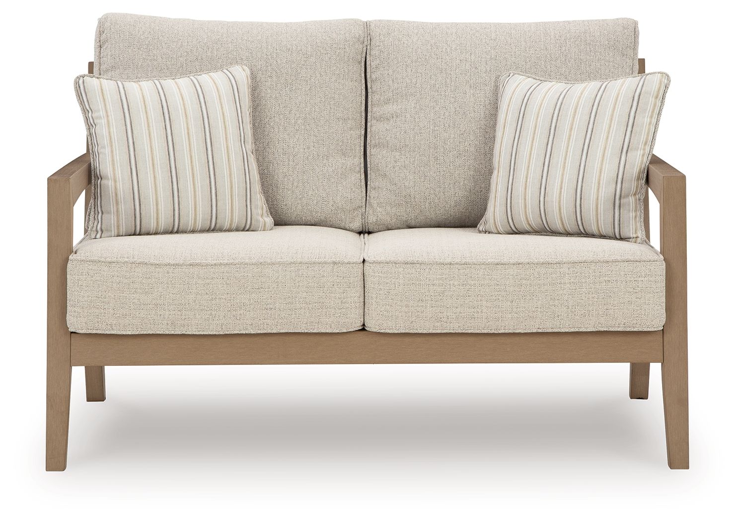 Beige loveseat with cushioned seats and two striped throw pillows, driftwood legs
