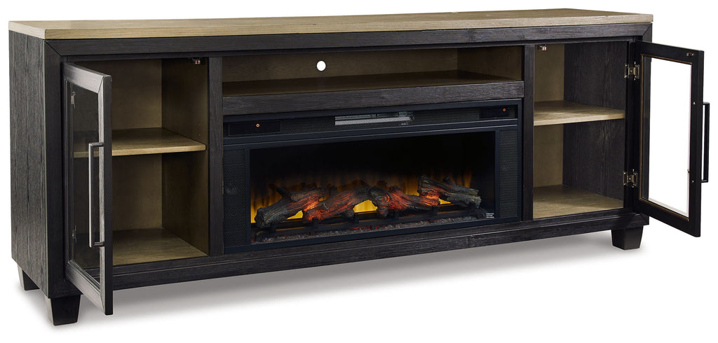 Black TV stand with fireplace insert and two side cabinet doors, open storage shelves