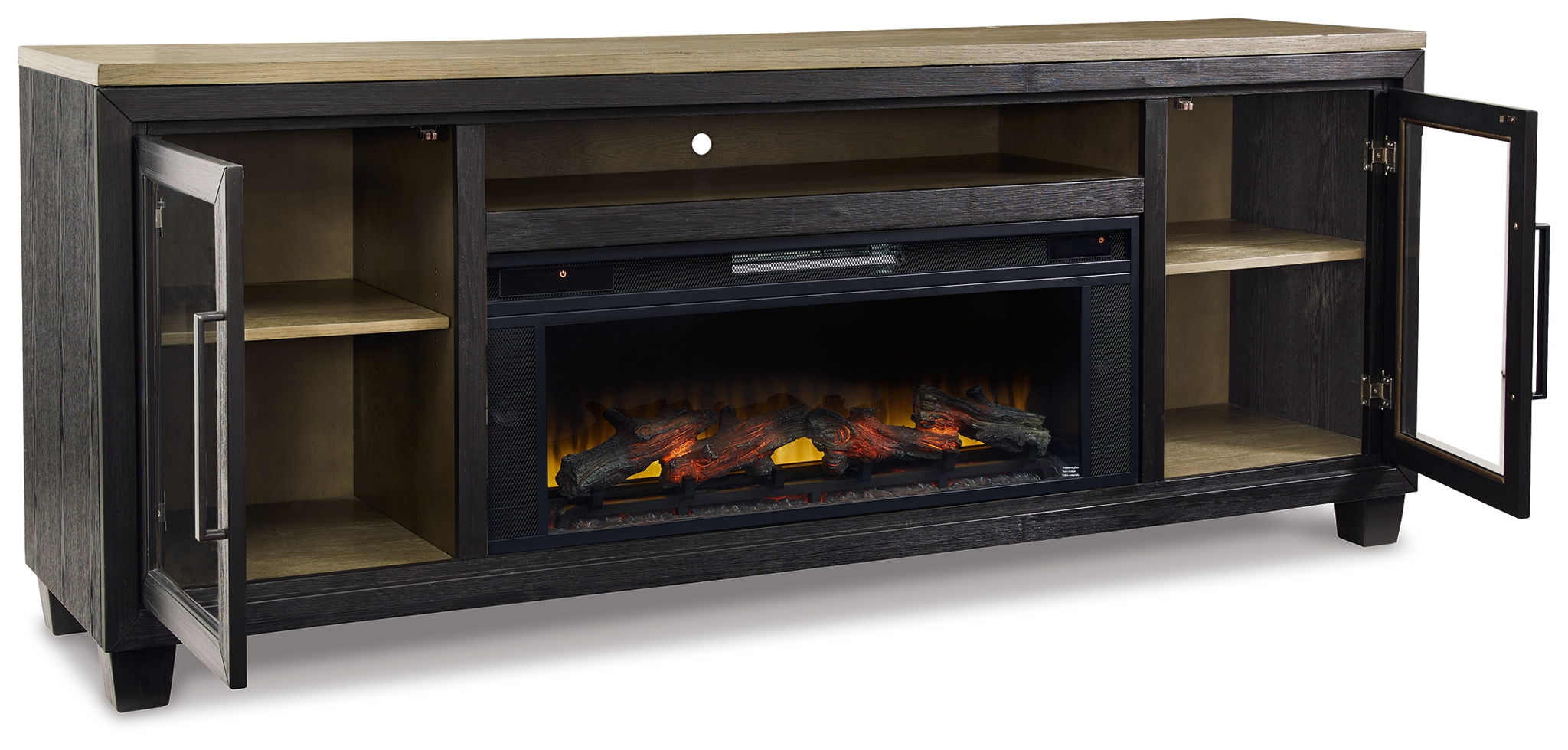 Black TV stand with fireplace insert and two side cabinet doors, open storage shelves