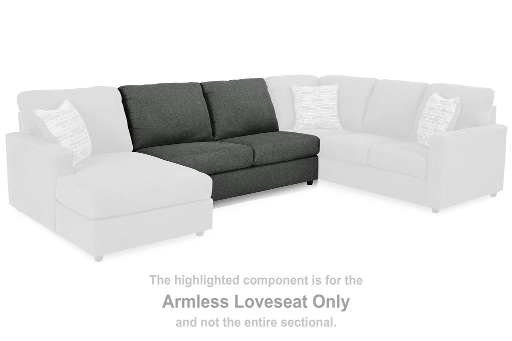 Dark gray armless loveseat component with two back cushions and square arms