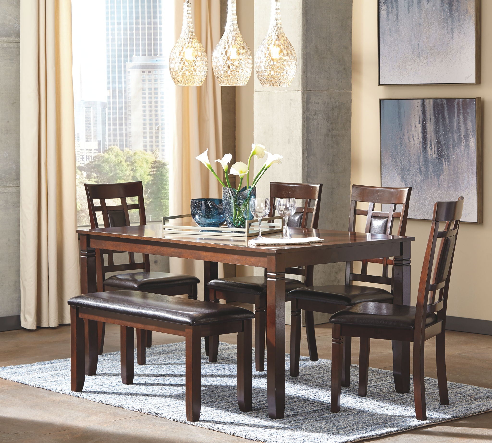 Brown dining table set with six matching chairs, polished wood tabletop and seats