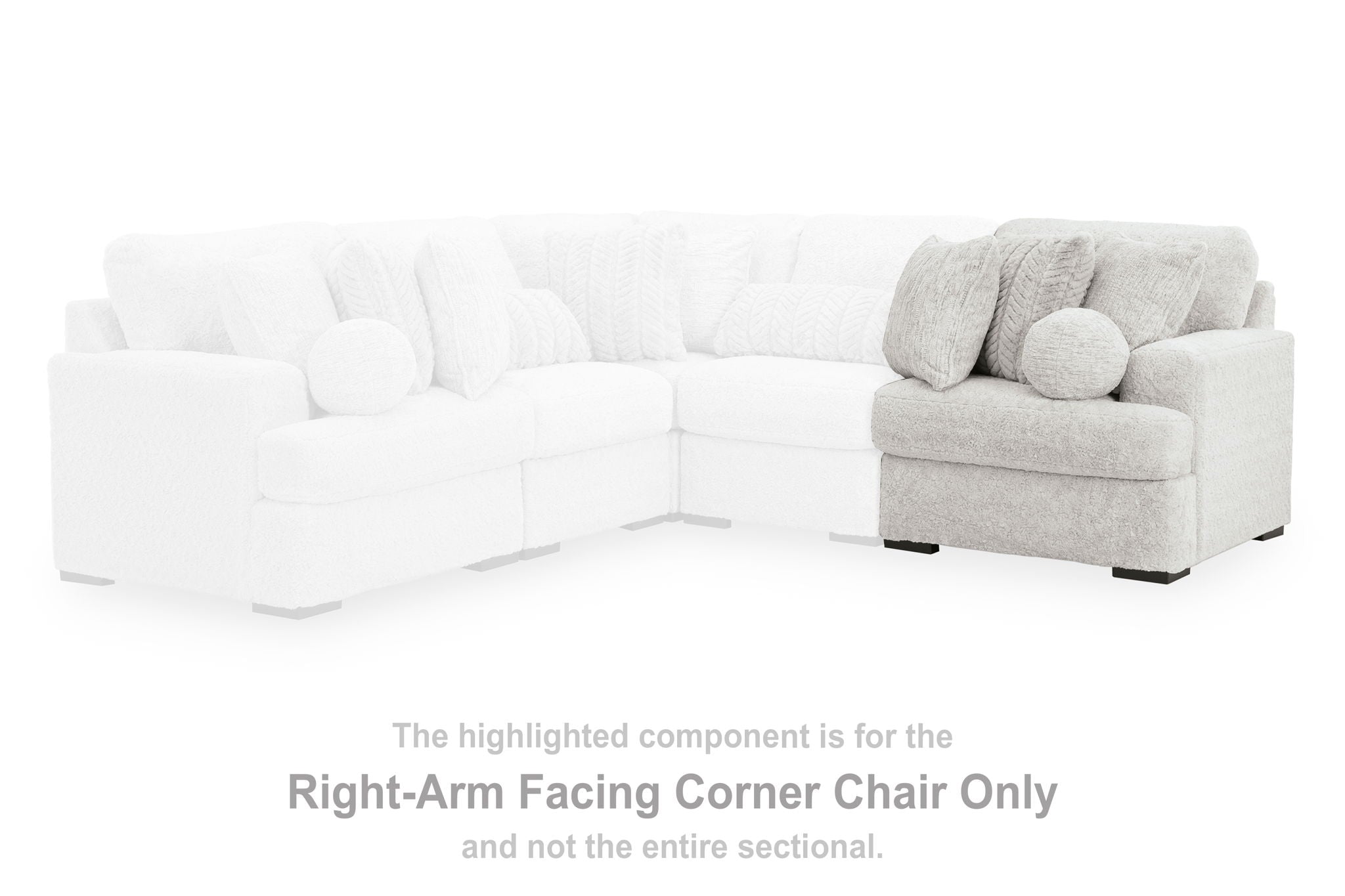 Right-arm corner chair section with light gray textured fabric and padded armrest