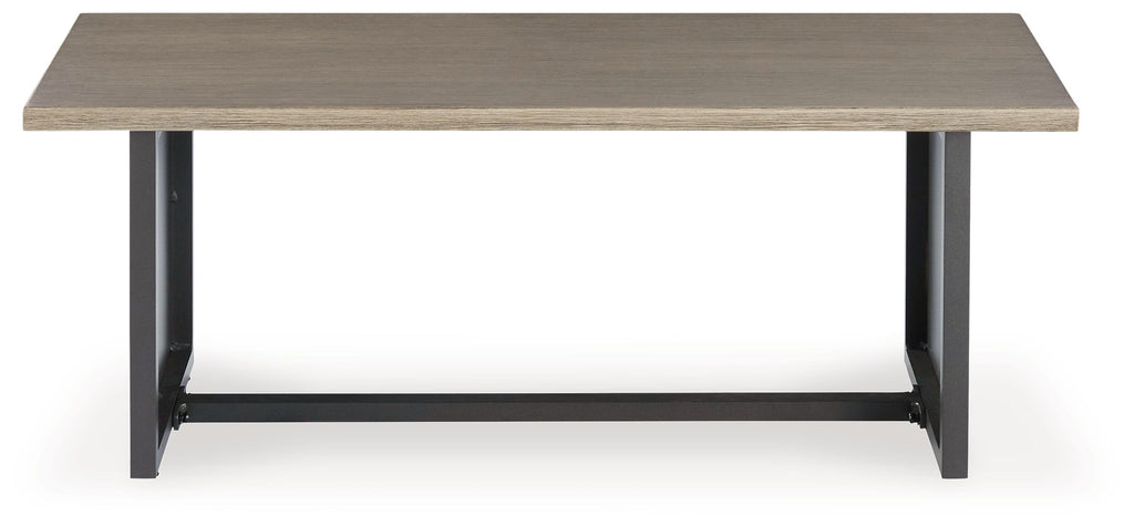 Rectangular end table with brown tabletop and dark gray legs, open underframe