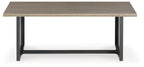 Rectangular end table with brown tabletop and dark gray legs, open underframe