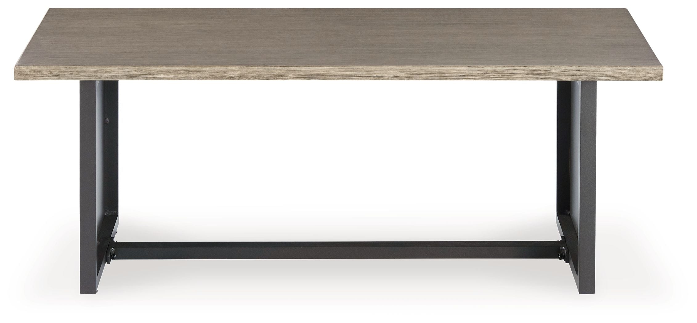 Rectangular end table with brown tabletop and dark gray legs, open underframe