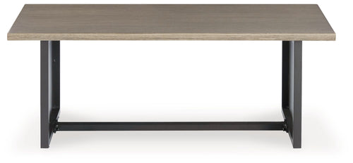 Rectangular end table with brown tabletop and dark gray legs, open underframe