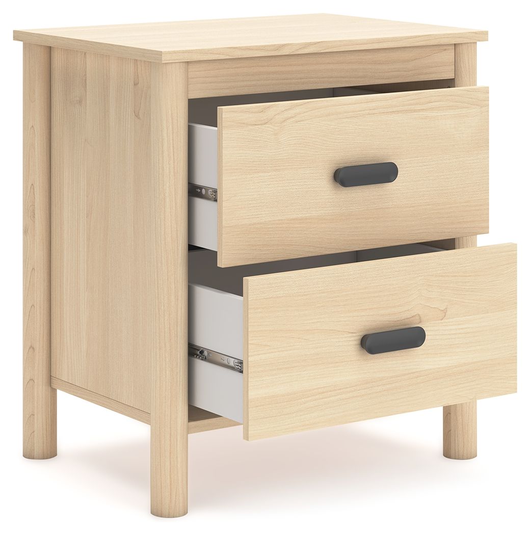 Light tan wood two-drawer nightstand with black pulls, drawers partially open