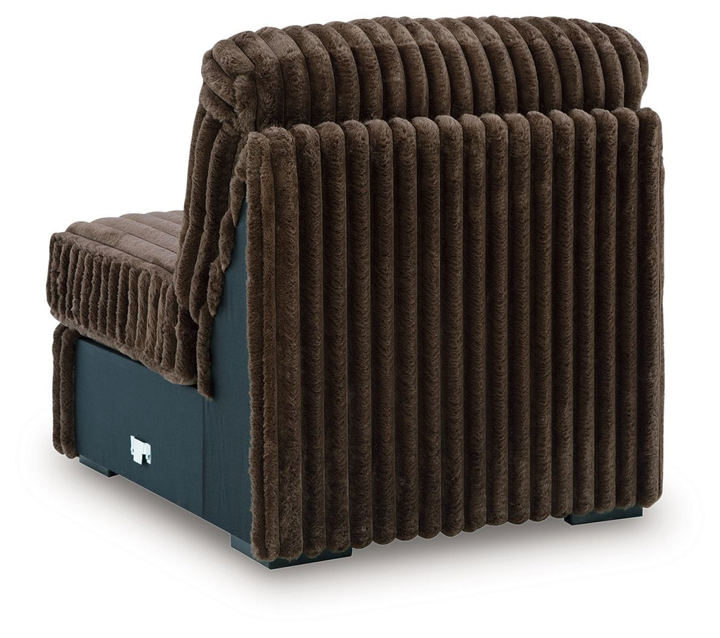 Chocolate-brown armless chair with vertical channel upholstery and padded seat/back.